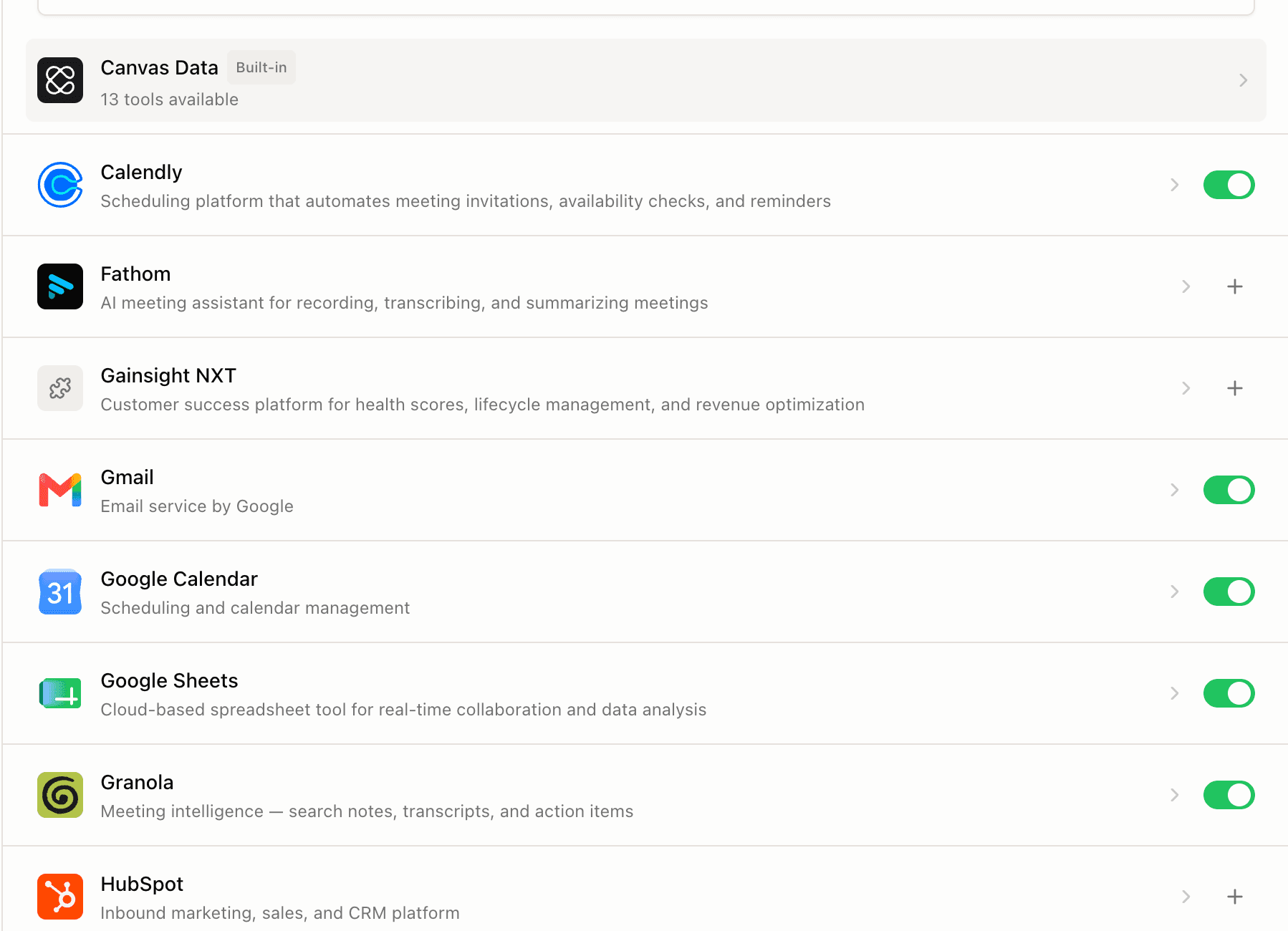 Canvas connectors showing Canvas Data alongside Calendly, Gmail, Google Calendar, Google Sheets, and HubSpot