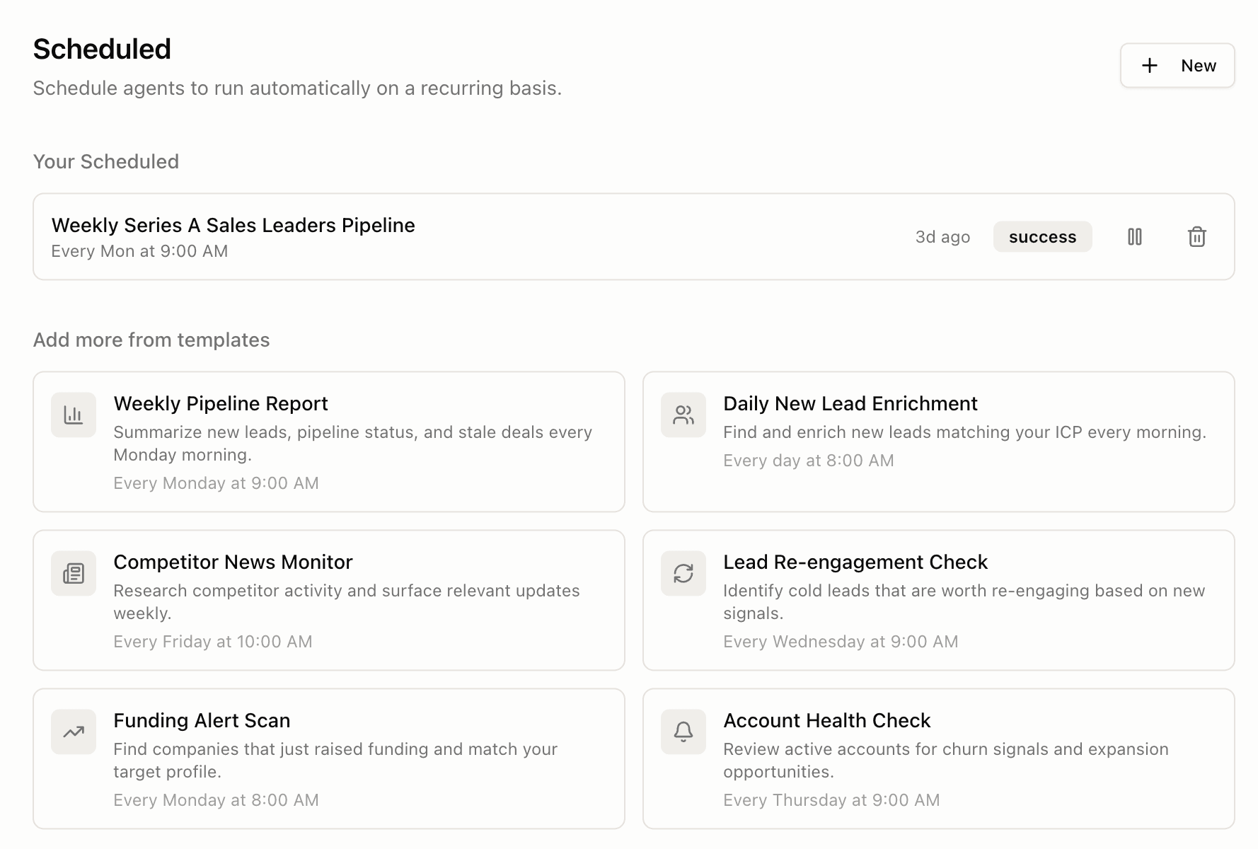 Canvas Coworker scheduled agents page showing a weekly pipeline report and recurring templates for lead enrichment, competitor monitoring, and account health
